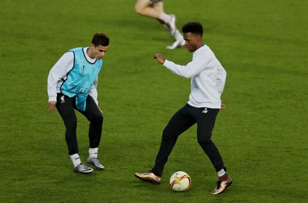 MANCHESTER, ENGLAND - Wednesday, March 16, 2016: Liverpool's Philippe Coutinho Correia and Daniel Sturridge during a training session at Old Trafford ahead of the UEFA Europa League Round of 16 2nd Leg match against Manchester United. (Pic by David Rawcliffe/Propaganda)