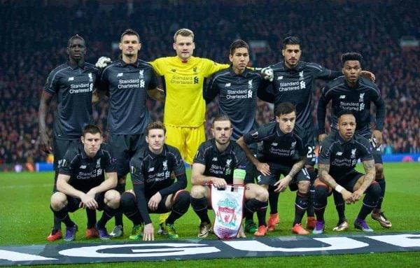 MANCHESTER, ENGLAND - Wednesday, March 16, 2016: Liverpool's players line up for a team group photograph before the UEFA Europa League Round of 16 2nd Leg match against Manchester United at Old Trafford. (Pic by David Rawcliffe/Propaganda)
