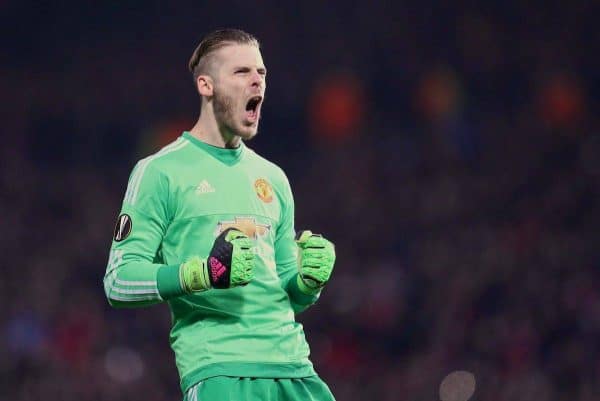 MANCHESTER, ENGLAND - Wednesday, March 16, 2016: Manchester United's goalkeeper David de Gea celebrates the first goal against Liverpool during the UEFA Europa League Round of 16 2nd Leg match at Old Trafford. (Pic by David Rawcliffe/Propaganda)