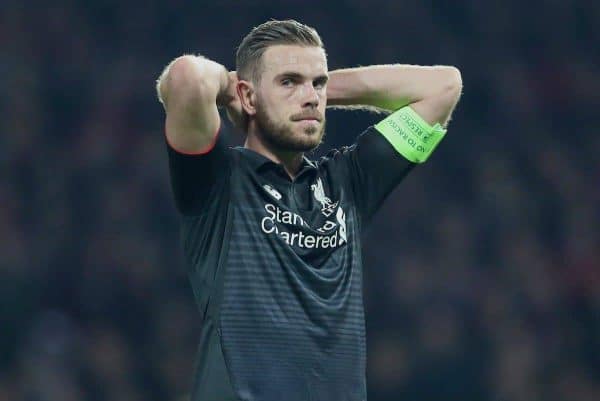 MANCHESTER, ENGLAND - Wednesday, March 16, 2016: Liverpool's captain Jordan Henderson missing a chance against Manchester United during the UEFA Europa League Round of 16 2nd Leg match at Old Trafford. (Pic by David Rawcliffe/Propaganda)