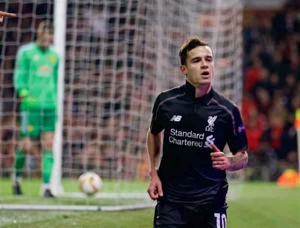 MANCHESTER, ENGLAND - Wednesday, March 16, 2016: Liverpool's Philippe Coutinho Correia celebrates scoring the first goal against Manchester United during the UEFA Europa League Round of 16 2nd Leg match at Old Trafford. (Pic by David Rawcliffe/Propaganda)