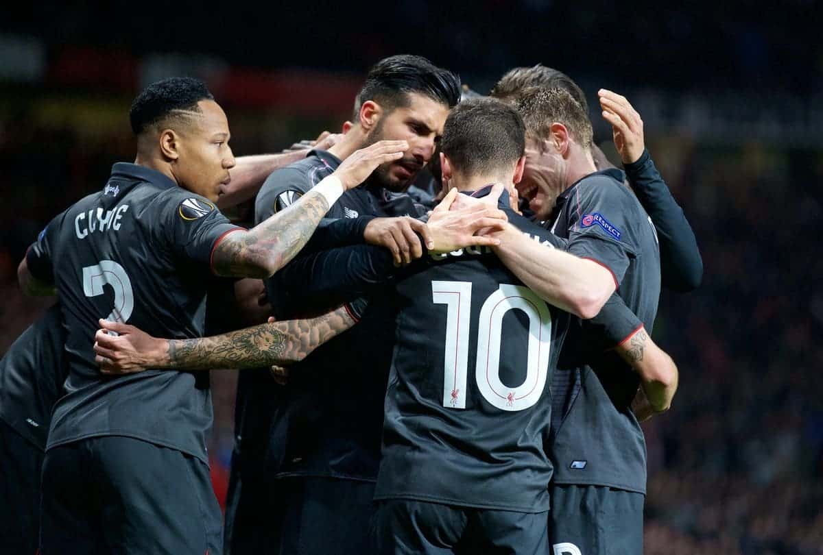 MANCHESTER, ENGLAND - Wednesday, March 16, 2016: Liverpool's Philippe Coutinho Correia celebrates scoring the first goal against Manchester United during the UEFA Europa League Round of 16 2nd Leg match at Old Trafford. (Pic by David Rawcliffe/Propaganda)