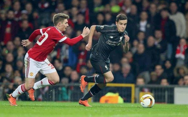 MANCHESTER, ENGLAND - Wednesday, March 16, 2016: Liverpool's Philippe Coutinho Correia on his way to scores the first goal against Manchester United during the UEFA Europa League Round of 16 2nd Leg match at Old Trafford. (Pic by David Rawcliffe/Propaganda)