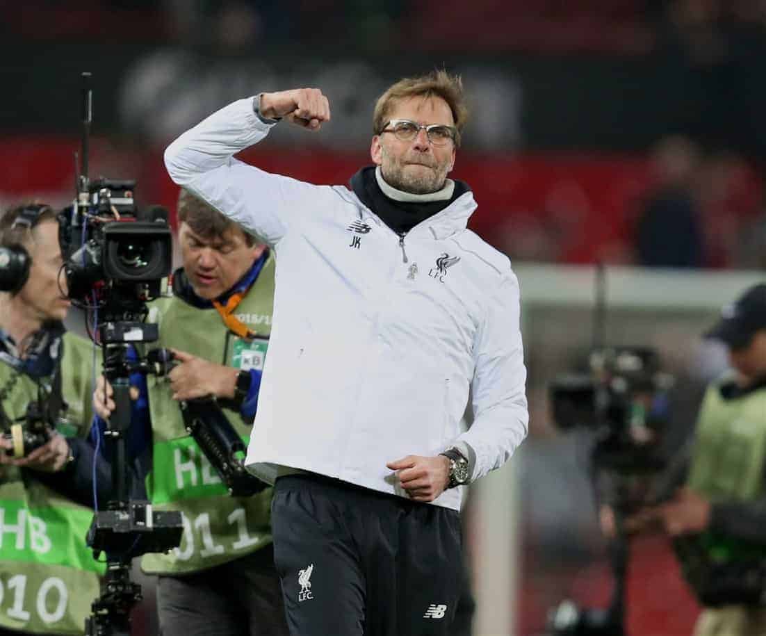 MANCHESTER, ENGLAND - Wednesday, March 16, 2016: Liverpool's manager Jürgen Klopp celebrates after a 1-1 draw, 3-1 on aggregate, victory over Manchester United during the UEFA Europa League Round of 16 2nd Leg match at Old Trafford. (Pic by David Rawcliffe/Propaganda)