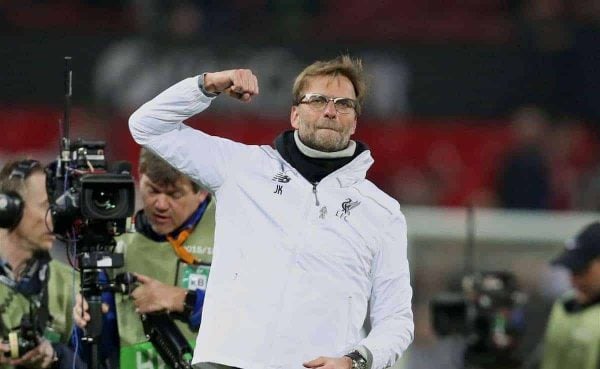 MANCHESTER, ENGLAND - Wednesday, March 16, 2016: Liverpool's manager Jürgen Klopp celebrates after a 1-1 draw, 3-1 on aggregate, victory over Manchester United during the UEFA Europa League Round of 16 2nd Leg match at Old Trafford. (Pic by David Rawcliffe/Propaganda)