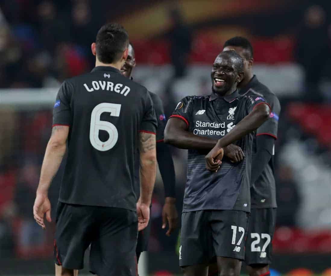 MANCHESTER, ENGLAND - Wednesday, March 16, 2016: Liverpool's Mamadou Sakho celebrates after knocking out Manchester United 3-1 on aggregate (1-1 on the night) during the UEFA Europa League Round of 16 2nd Leg match at Old Trafford. (Pic by David Rawcliffe/Propaganda)