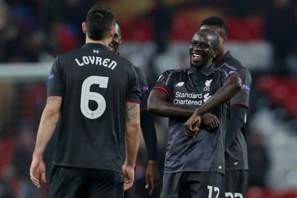 MANCHESTER, ENGLAND - Wednesday, March 16, 2016: Liverpool's Mamadou Sakho celebrates after knocking out Manchester United 3-1 on aggregate (1-1 on the night) during the UEFA Europa League Round of 16 2nd Leg match at Old Trafford. (Pic by David Rawcliffe/Propaganda)