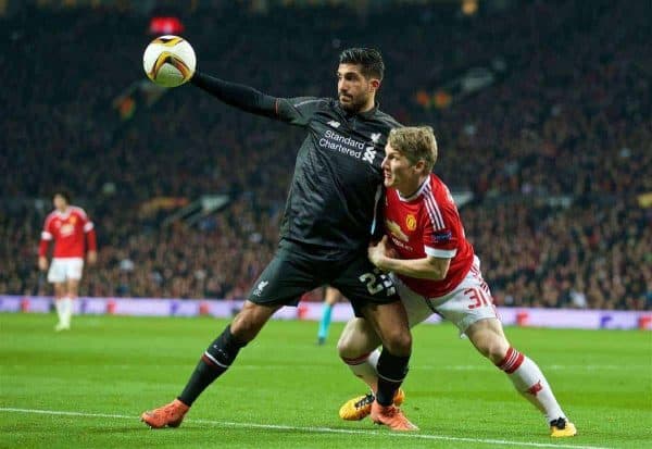 MANCHESTER, ENGLAND - Wednesday, March 16, 2016: Liverpool's Emre Can in action against Manchester United's Bastian Schweinsteiger during the UEFA Europa League Round of 16 2nd Leg match at Old Trafford. (Pic by David Rawcliffe/Propaganda)