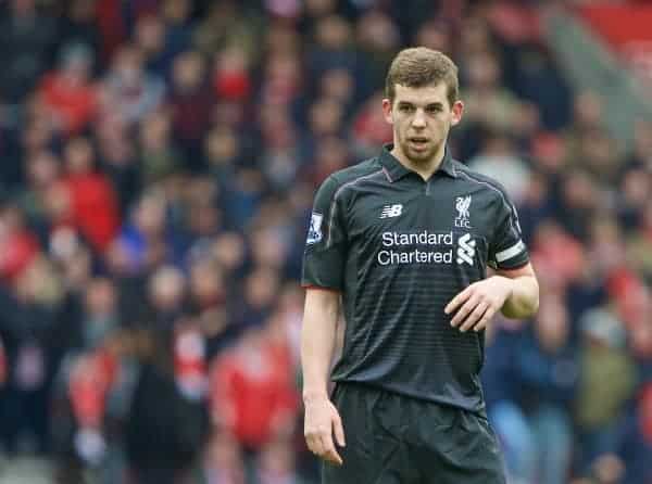 SOUTHAMPTON, ENGLAND - Sunday, March 20, 2016: Liverpool's new captan Jon Flanagan in action against Southampton during the FA Premier League match at St Mary's Stadium. (Pic by David Rawcliffe/Propaganda)