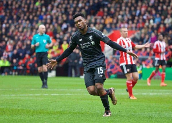 SOUTHAMPTON, ENGLAND - Sunday, March 20, 2016: Liverpool's Daniel Sturridge celebrates scoring the second goal against Southampton during the FA Premier League match at St Mary's Stadium. (Pic by David Rawcliffe/Propaganda)