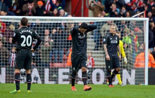 SOUTHAMPTON, ENGLAND - Sunday, March 20, 2016: Liverpool's Emre Can looks dejected as his side concede a third goal to Southampton during the FA Premier League match at St Mary's Stadium. (Pic by David Rawcliffe/Propaganda)