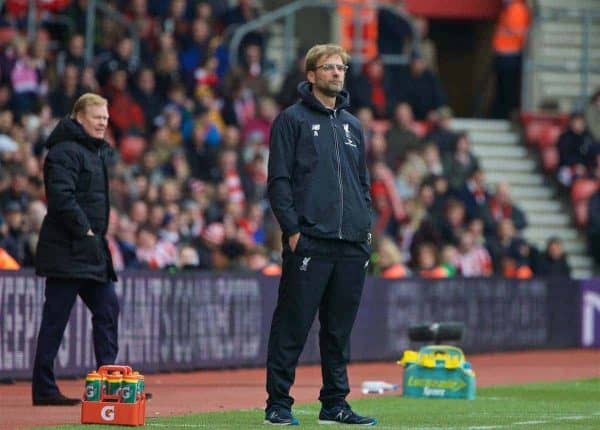 SOUTHAMPTON, ENGLAND - Sunday, March 20, 2016: Liverpool's manager Jürgen Klopp during the FA Premier League match against Southampton at St Mary's Stadium. (Pic by David Rawcliffe/Propaganda)