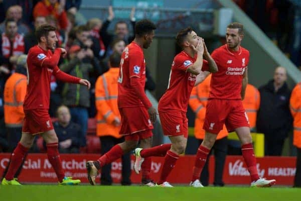 LIVERPOOL, ENGLAND - Saturday, April 2, 2016: Liverpool's Philippe Coutinho Correia celebrates scoring the first goal against Tottenham Hotspur during the Premier League match at Anfield. (Pic by David Rawcliffe/Propaganda)