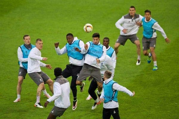 DORTMUND, GERMANY - Wednesday, April 6, 2016: Liverpool's Divock Origi and Emre Can during a training session at Westfalenstadion ahead of the UEFA Europa League Quarter-Final 1st Leg match against Borussia Dortmund. (Pic by David Rawcliffe/Propaganda)