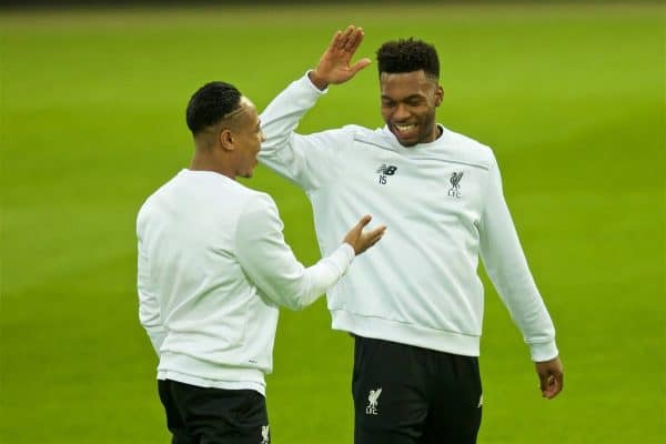 DORTMUND, GERMANY - Wednesday, April 6, 2016: Liverpool's Daniel Sturridge and Nathaniel Clyne during a training session at Westfalenstadion ahead of the UEFA Europa League Quarter-Final 1st Leg match against Borussia Dortmund. (Pic by David Rawcliffe/Propaganda)