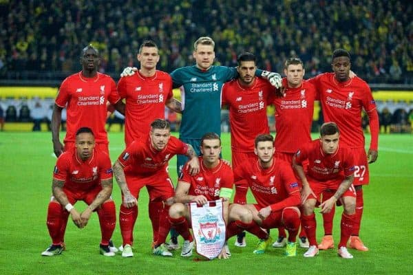 DORTMUND, GERMANY - Thursday, April 7, 2016: Liverpool's players line up for a team group photograph before the UEFA Europa League Quarter-Final 1st Leg match against Borussia Dortmund at Westfalenstadion. Back row L-R: Mamadou Sakho, Dejan Lovren, goalkeeper Simon Mignolet, Emre Can, James Milner, Divock Origi. Front row L-R: Nathaniel Clyne, Alberto Moreno, captain Jordan Henderson, Adam Lallana and Philippe Coutinho Correia. (Pic by David Rawcliffe/Propaganda)