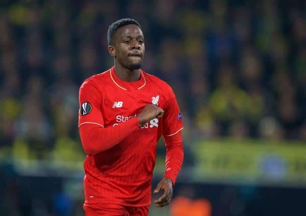 DORTMUND, GERMANY - Thursday, April 7, 2016: Liverpool's Divock Origi celebrates scoring the first goal against Borussia Dortmund during the UEFA Europa League Quarter-Final 1st Leg match at Westfalenstadion. (Pic by David Rawcliffe/Propaganda)