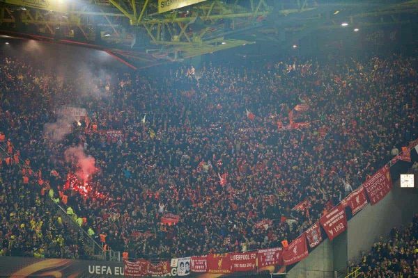 DORTMUND, GERMANY - Thursday, April 7, 2016: Liverpool supporters celebrate their side's opening goal with a red flare during the UEFA Europa League Quarter-Final 1st Leg match against Borussia Dortmund at Westfalenstadion. (Pic by David Rawcliffe/Propaganda)