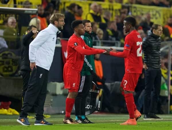 DORTMUND, GERMANY - Thursday, April 7, 2016: Liverpool's Divock Origi is replaced by substitute Daniel Sturridge against Borussia Dortmund during the UEFA Europa League Quarter-Final 1st Leg match at Westfalenstadion. (Pic by David Rawcliffe/Propaganda)