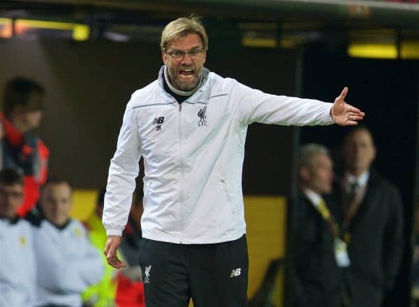 DORTMUND, GERMANY - Thursday, April 7, 2016: Liverpool's manager Jürgen Klopp during the UEFA Europa League Quarter-Final 1st Leg match against Borussia Dortmund at Westfalenstadion. (Pic by David Rawcliffe/Propaganda)