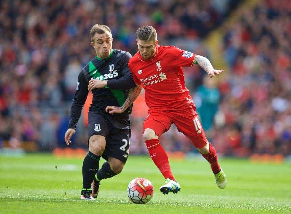 LIVERPOOL, ENGLAND - Sunday, April 10, 2016: Liverpool's Alberto Moreno in action against Stoke City's Xherdan Shaqiri during the Premier League match at Anfield. (Pic by David Rawcliffe/Propaganda)