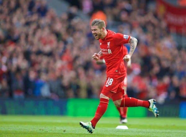 LIVERPOOL, ENGLAND - Sunday, April 10, 2016: Liverpool's Alberto Moreno celebrates scoring the first goal against Stoke City during the Premier League match at Anfield. (Pic by David Rawcliffe/Propaganda)