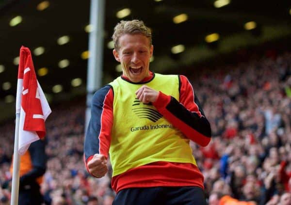 LIVERPOOL, ENGLAND - Sunday, April 10, 2016: Liverpool's Lucas Leiva celebrates his side's second goal after receiving abuse from Stoke City supporters during the Premier League match at Anfield. (Pic by David Rawcliffe/Propaganda)