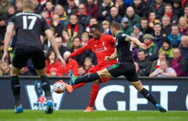 LIVERPOOL, ENGLAND - Sunday, April 10, 2016: Liverpool's Divock Origi scores the fourth goal against Stoke City during the Premier League match at Anfield. (Pic by David Rawcliffe/Propaganda)