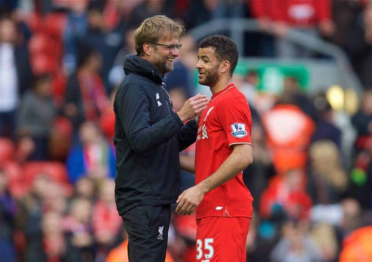 LIVERPOOL, ENGLAND - Sunday, April 10, 2016: Liverpool's manager Jürgen Klopp hugs Kevin Stewart after the 4-1 victory over Stoke City during the Premier League match at Anfield. (Pic by David Rawcliffe/Propaganda)