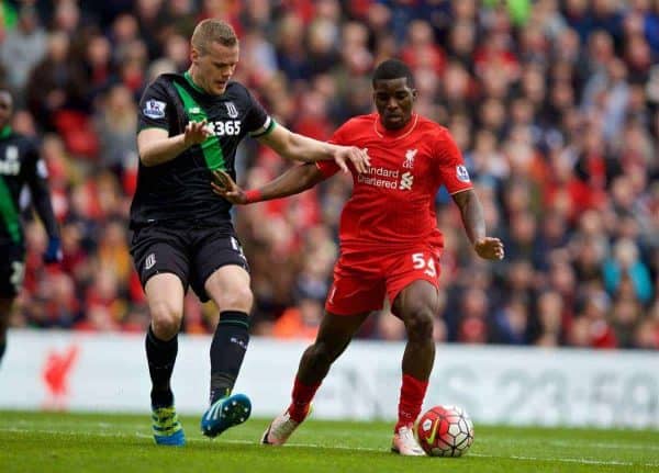 LIVERPOOL, ENGLAND - Sunday, April 10, 2016: Liverpool's Sheyi Ojo in action against Stoke City during the Premier League match at Anfield. (Pic by David Rawcliffe/Propaganda)