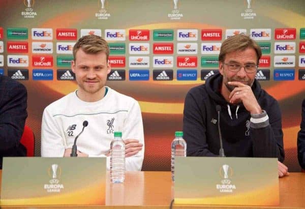 LIVERPOOL, ENGLAND - Wednesday, April 13, 2016: Liverpool's goalkeeper Simon Mignolet and manager Jürgen Klopp during a press conference at Melwood Training Ground ahead of the UEFA Europa League Quarter-Final 2nd Leg match against Borussia Dortmund. (Pic by David Rawcliffe/Propaganda)