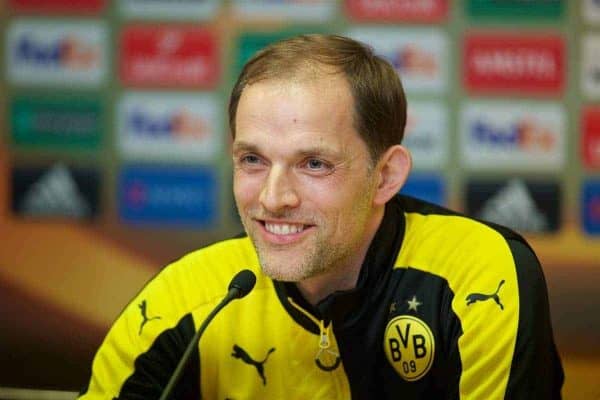 LIVERPOOL, ENGLAND - Wednesday, April 13, 2016: Borussia Dortmund's head coach Thomas Tuchel during a press conference at Anfield ahead of the UEFA Europa League Quarter-Final 2nd Leg match against Liverpool. (Pic by David Rawcliffe/Propaganda)