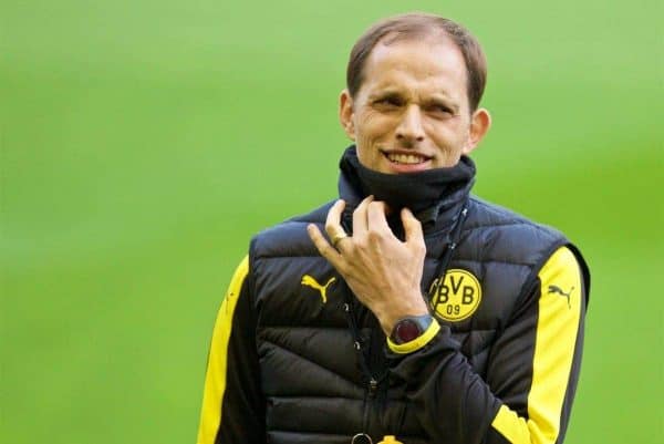 LIVERPOOL, ENGLAND - Wednesday, April 13, 2016: Borussia Dortmund's head coach Thomas Tuchel during a training session at Anfield ahead of the UEFA Europa League Quarter-Final 2nd Leg match against Liverpool. (Pic by David Rawcliffe/Propaganda)