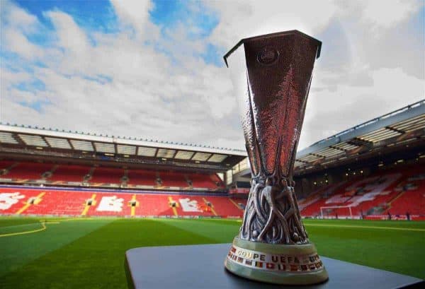 LIVERPOOL, ENGLAND - Thursday, April 14, 2016: The UEFA Cup trophy arrives at Anfield ahead of the UEFA Europa League Quarter-Final 2nd Leg match between Liverpool and Borussia Dortmund at Anfield. (Pic by David Rawcliffe/Propaganda)