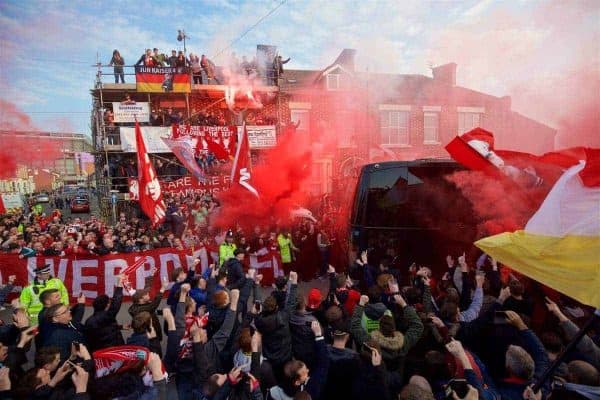 LIVERPOOL, ENGLAND - Thursday, April 14, 2016: Liverpool supporters welcome the Liverpool team coach to Anfield before the UEFA Europa League Quarter-Final 2nd Leg match against Borussia Dortmund. (Pic by David Rawcliffe/Propaganda)