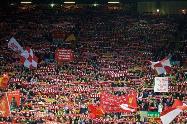 LIVERPOOL, ENGLAND - Thursday, April 14, 2016: Liverpool supporters on the Spion Kop before the UEFA Europa League Quarter-Final 2nd Leg match against Borussia Dortmund at Anfield. (Pic by David Rawcliffe/Propaganda)