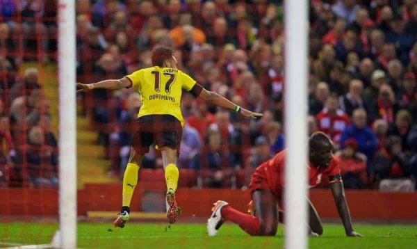 LIVERPOOL, ENGLAND - Thursday, April 14, 2016: Borussia Dortmund's Pierre-Emerick Aubameyang celebrates scoring the second goal against Liverpool during the UEFA Europa League Quarter-Final 2nd Leg match at Anfield. (Pic by David Rawcliffe/Propaganda)