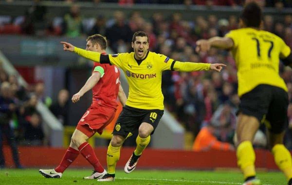 LIVERPOOL, ENGLAND - Thursday, April 14, 2016: Borussia Dortmund's Henrik Mkhitaryan celebrates scoring the first goal against Liverpool during the UEFA Europa League Quarter-Final 2nd Leg match at Anfield. (Pic by David Rawcliffe/Propaganda)