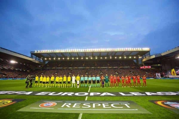 LIVERPOOL, ENGLAND - Thursday, April 14, 2016: Liverpool and Borussia Dortmund players before the UEFA Europa League Quarter-Final 2nd Leg match at Anfield. (Pic by David Rawcliffe/Propaganda)