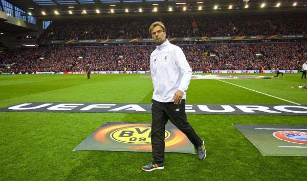 LIVERPOOL, ENGLAND - Thursday, April 14, 2016: Liverpool's manager Jürgen Klopp before the UEFA Europa League Quarter-Final 2nd Leg match against Borussia Dortmund at Anfield. (Pic by David Rawcliffe/Propaganda)