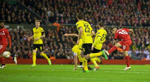 LIVERPOOL, ENGLAND - Thursday, April 14, 2016: Liverpool's Philippe Coutinho Correia scores the second goal against Borussia Dortmund during the UEFA Europa League Quarter-Final 2nd Leg match at Anfield. (Pic by David Rawcliffe/Propaganda)