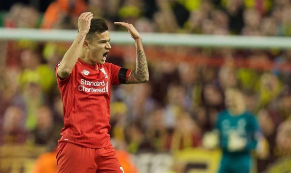 LIVERPOOL, ENGLAND - Thursday, April 14, 2016: Liverpool's Philippe Coutinho Correia celebrates scoring the second goal against Borussia Dortmund during the UEFA Europa League Quarter-Final 2nd Leg match at Anfield. (Pic by David Rawcliffe/Propaganda)