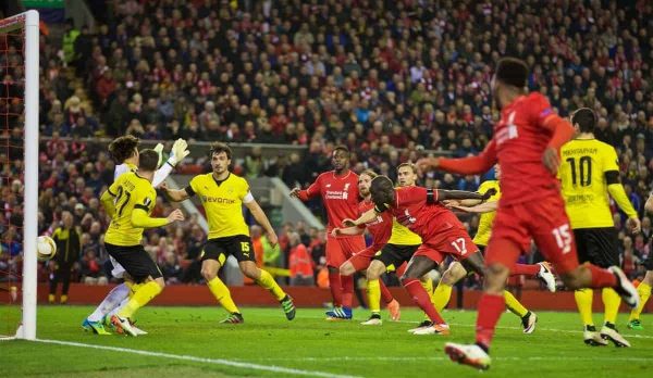 LIVERPOOL, ENGLAND - Thursday, April 14, 2016: Liverpool's Mamadou Sakho scores the third goal against Borussia Dortmund during the UEFA Europa League Quarter-Final 2nd Leg match at Anfield. (Pic by David Rawcliffe/Propaganda)