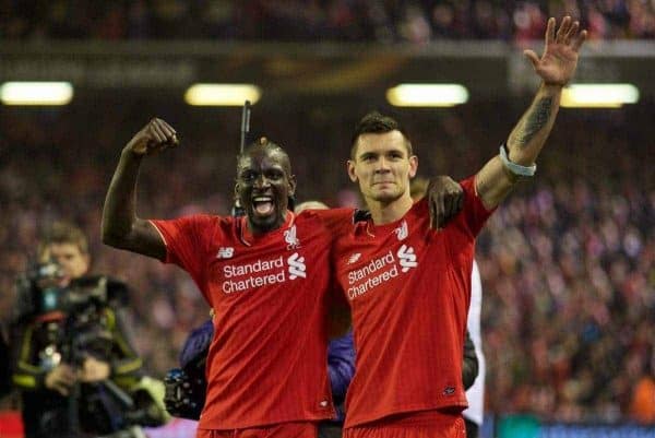 LIVERPOOL, ENGLAND - Thursday, April 14, 2016: Liverpool's goal-scorers Mamadou Sakho and Dejan Lovren celebrate the incredible 4-3 (5-4 aggregate) victory over Borussia Dortmund during the UEFA Europa League Quarter-Final 2nd Leg match at Anfield. (Pic by David Rawcliffe/Propaganda)