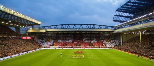 LIVERPOOL, ENGLAND - Thursday, April 14, 2016: Liverpool supporters on the Spion Kop form a mosaic '96' in memory of the 96 victims of the Hillsborough Disaster as the players of Liverpool and Borussia Dortmund stand in silence before the UEFA Europa League Quarter-Final 2nd Leg match at Anfield. (Pic by David Rawcliffe/Propaganda)