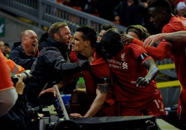 LIVERPOOL, ENGLAND - Thursday, April 14, 2016: Liverpool's Dejan Lovren celebrates scoring the dramatic fourth goal against Borussia Dortmund in injury time to seal a 4-3 (5-4 aggregate) victory during the UEFA Europa League Quarter-Final 2nd Leg match at Anfield. (Pic by David Rawcliffe/Propaganda)