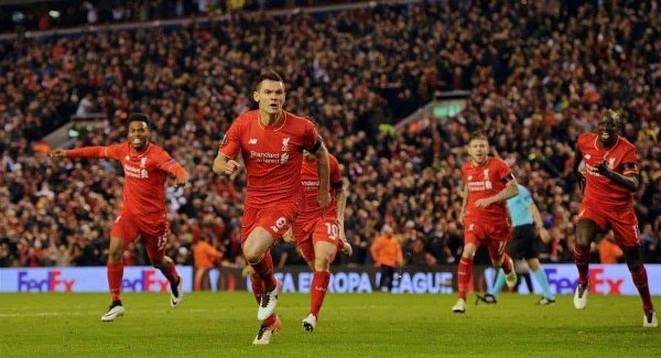 LIVERPOOL, ENGLAND - Thursday, April 14, 2016: Liverpool's Dejan Lovren celebrates scoring the dramatic fourth goal against Borussia Dortmund in injury time to seal a 4-3 (5-4 aggregate) victory during the UEFA Europa League Quarter-Final 2nd Leg match at Anfield. (Pic by David Rawcliffe/Propaganda)