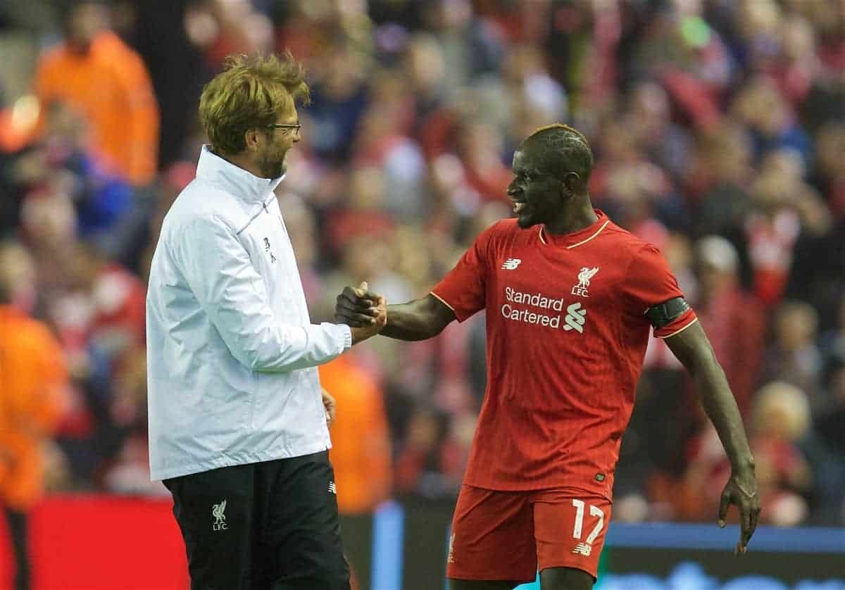 LIVERPOOL, ENGLAND - Thursday, April 14, 2016: Liverpool's manager Jürgen Klopp celebrates with Mamadou Sakho after the dramatic 4-3 (5-4 aggregate) victory over Borussia Dortmund during the UEFA Europa League Quarter-Final 2nd Leg match at Anfield. (Pic by David Rawcliffe/Propaganda)