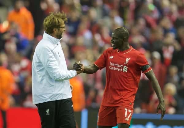 LIVERPOOL, ENGLAND - Thursday, April 14, 2016: Liverpool's manager Jürgen Klopp celebrates with Mamadou Sakho after the dramatic 4-3 (5-4 aggregate) victory over Borussia Dortmund during the UEFA Europa League Quarter-Final 2nd Leg match at Anfield. (Pic by David Rawcliffe/Propaganda)