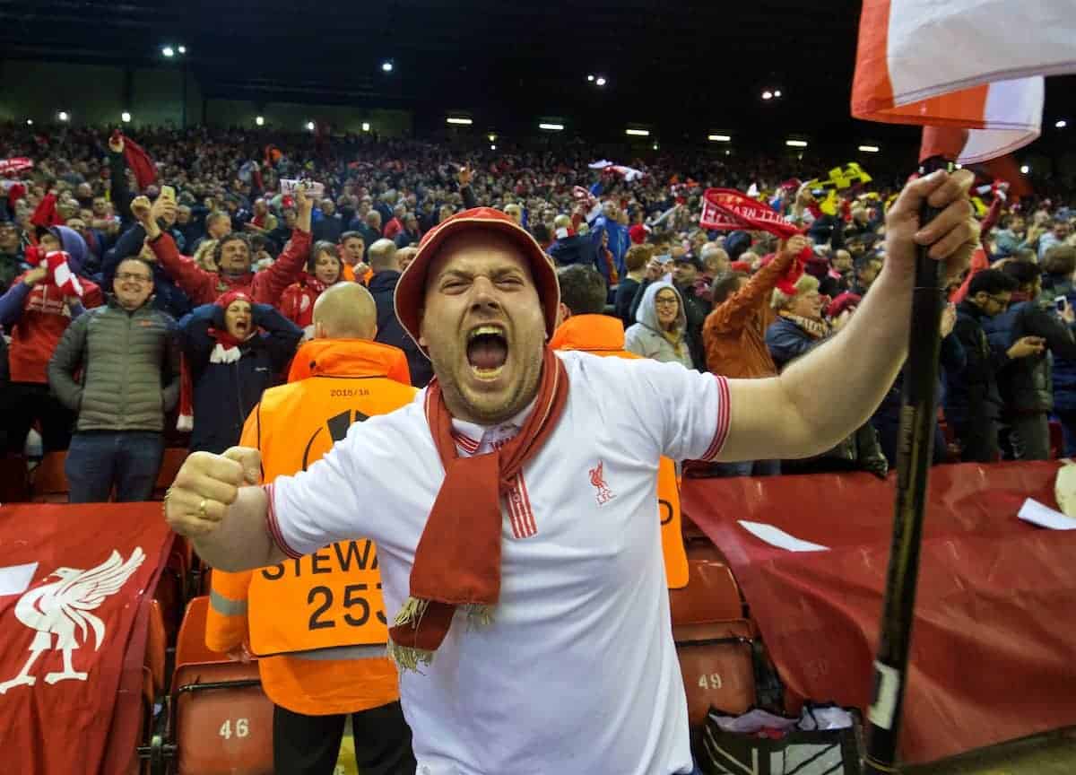 LIVERPOOL, ENGLAND - Thursday, April 14, 2016: A Liverpool supporter celebrates his side's dramatic injury time 4-3 (5-4 aggregate) victory over Borussia Dortmund during the UEFA Europa League Quarter-Final 2nd Leg match at Anfield. (Pic by David Rawcliffe/Propaganda)